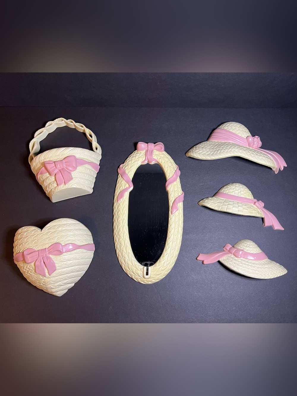 VTG Homco Home Interior 6pc Burwood Pink Ribbon Baskets, Hats, Mirror Wall Decor